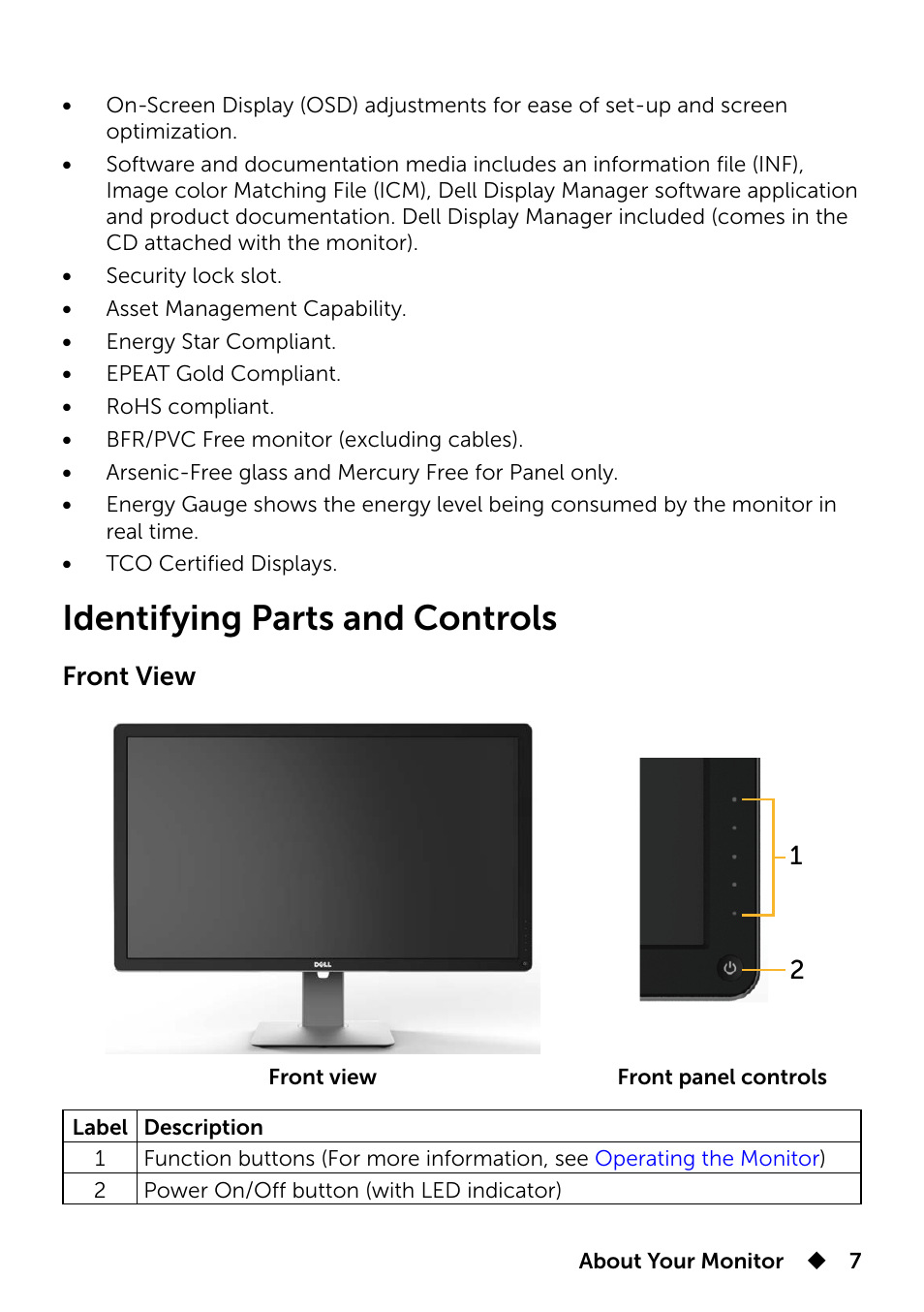 Identifying parts and controls, Front view 1 2 | Dell UP3214Q Monitor User Manual | Page 7 / 75