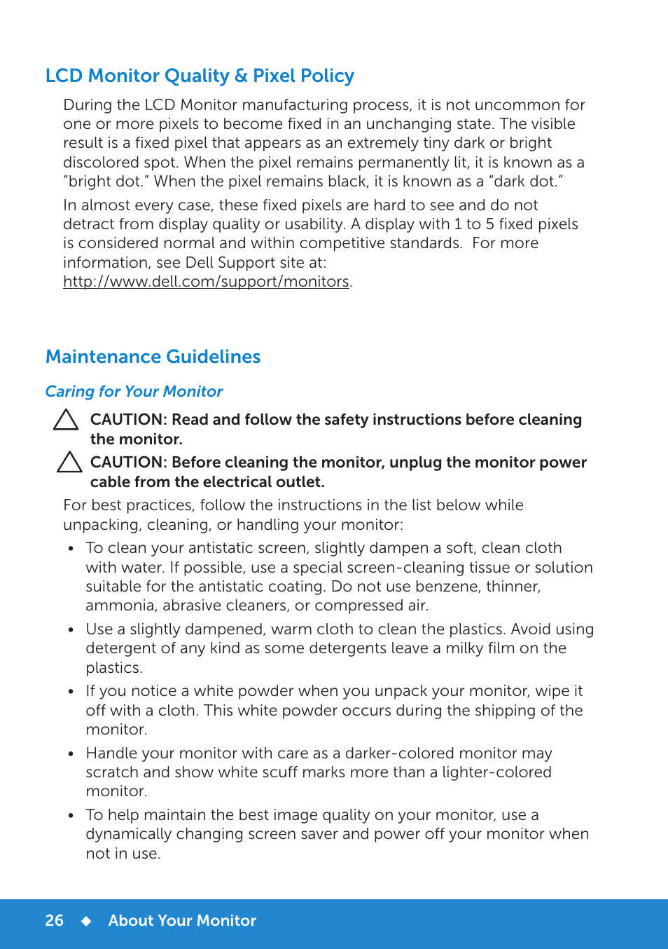 Lcd monitor quality & pixel policy, Maintenance guidelines, Caring for your monitor | Dell E2015Hv Monitor User Manual | Page 26 / 82