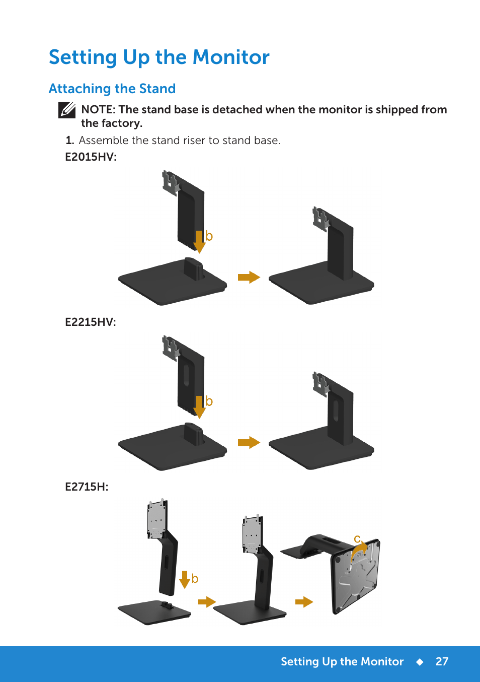 Setting up the monitor, Attaching the stand | Dell E2015Hv Monitor User Manual | Page 27 / 82