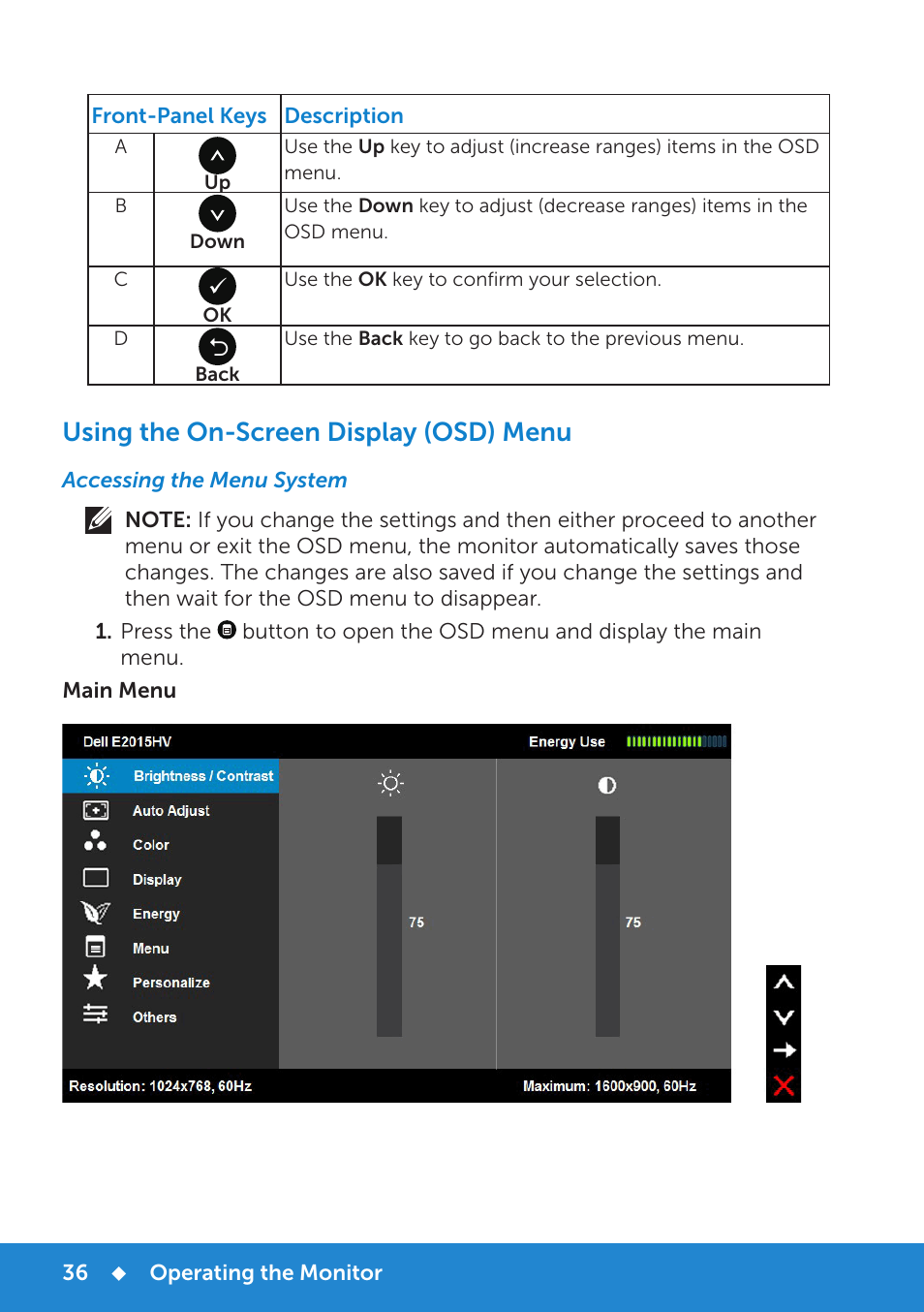 Using the on-screen display (osd) menu, Accessing the menu system | Dell E2015Hv Monitor User Manual | Page 36 / 82