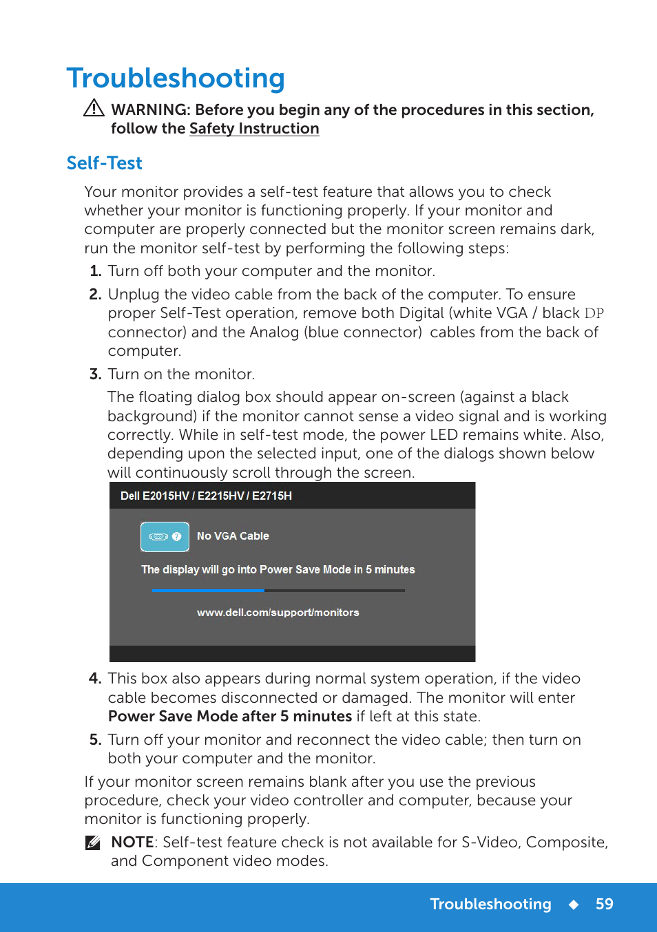 Troubleshooting, Self-test | Dell E2015Hv Monitor User Manual | Page 59 / 82