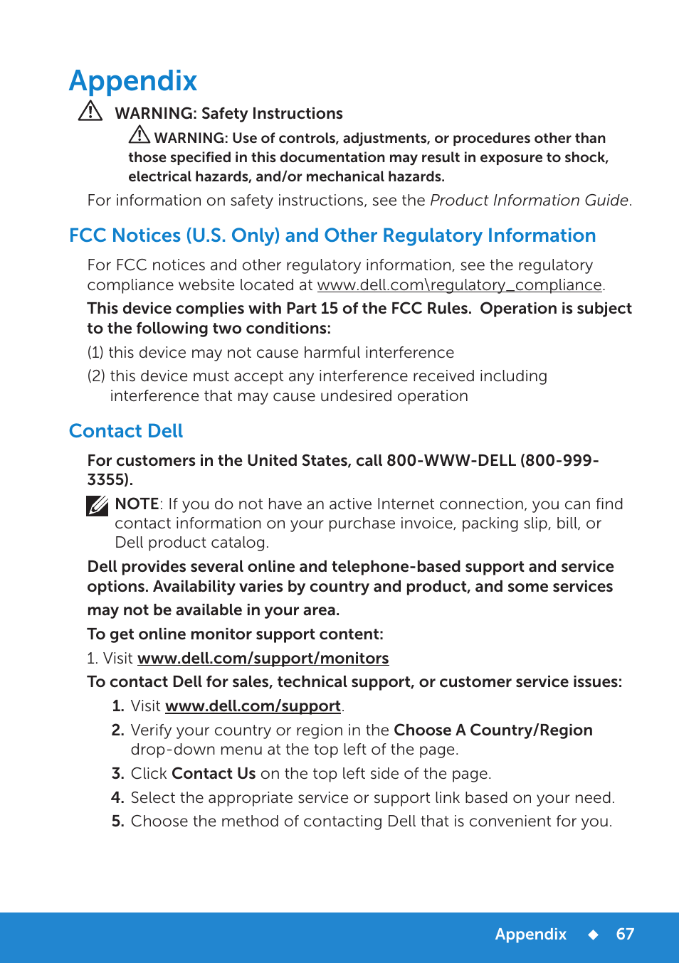 Appendix, Contact dell | Dell E2015Hv Monitor User Manual | Page 67 / 82