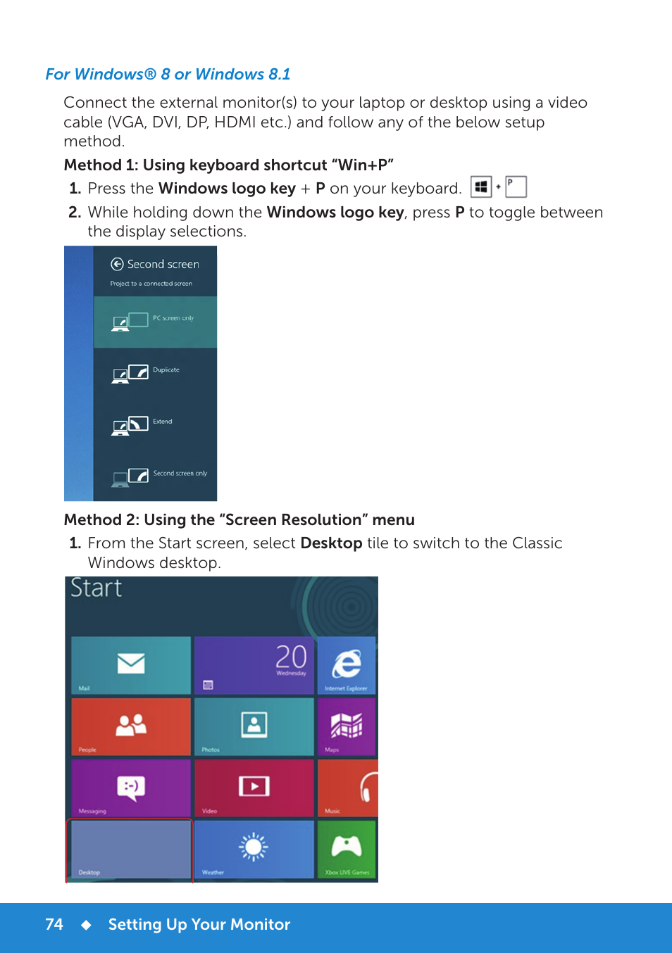 For windows® 8 or windows 8 | Dell E2015Hv Monitor User Manual | Page 74 / 82