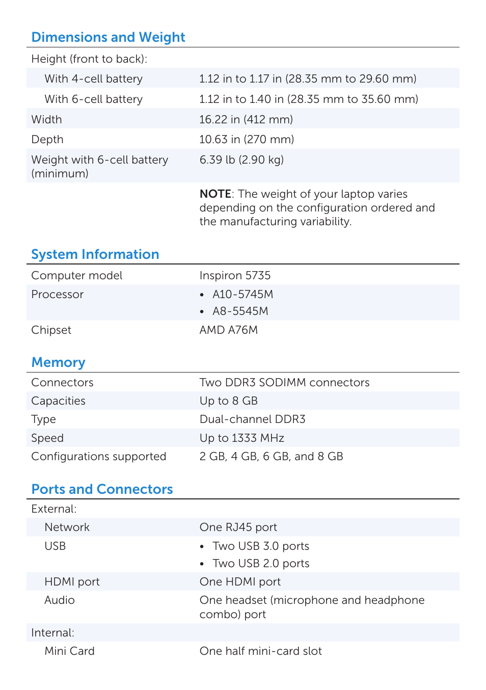 Dimensions and weight, System information, Ports and connectors | Dell Inspiron M731R (5735, Late 2013) User Manual | Page 2 / 7