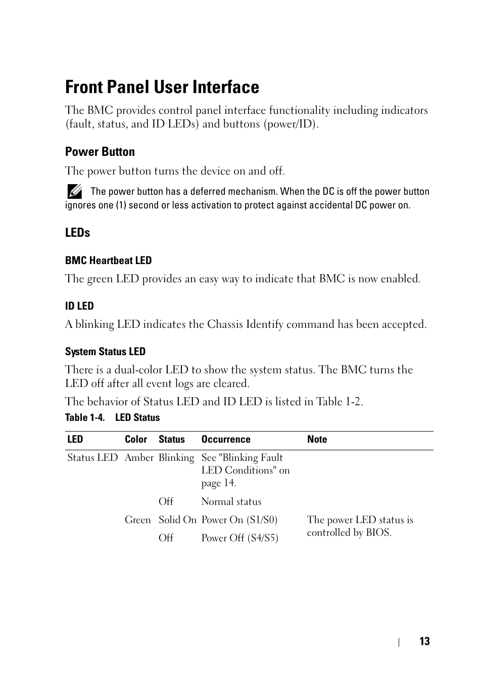 Front panel user interface, Power button, Leds | Dell PowerEdge C5220 User Manual | Page 13 / 60