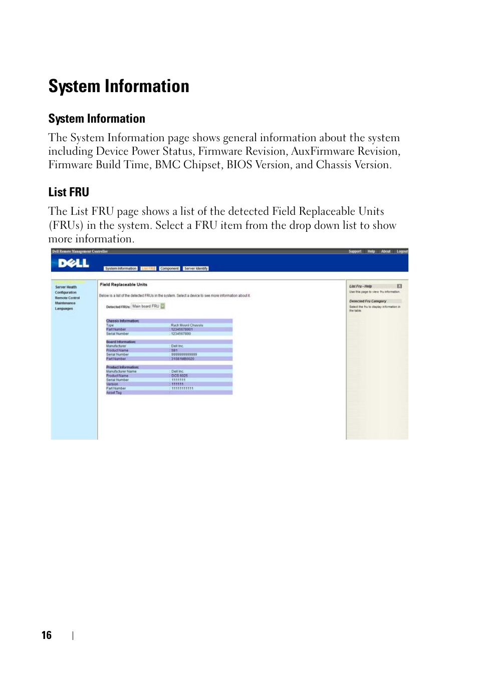 System information, List fru | Dell PowerEdge C5220 User Manual | Page 16 / 60