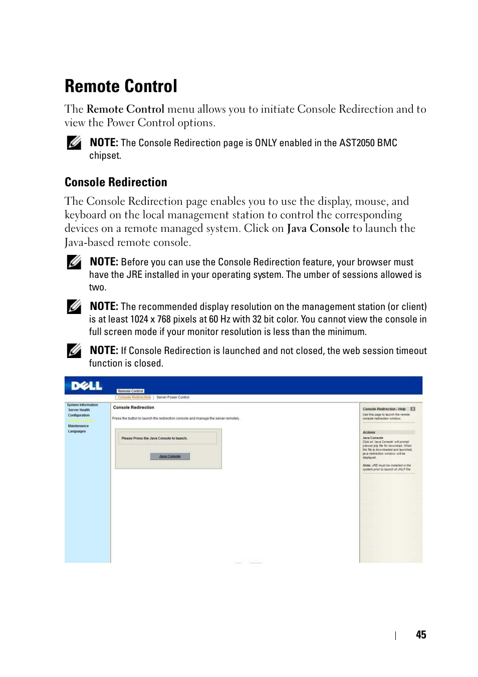 Remote control, Console redirection | Dell PowerEdge C5220 User Manual | Page 45 / 60