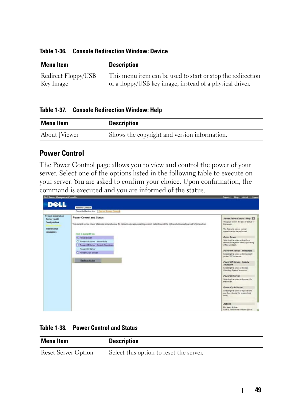 Power control | Dell PowerEdge C5220 User Manual | Page 49 / 60