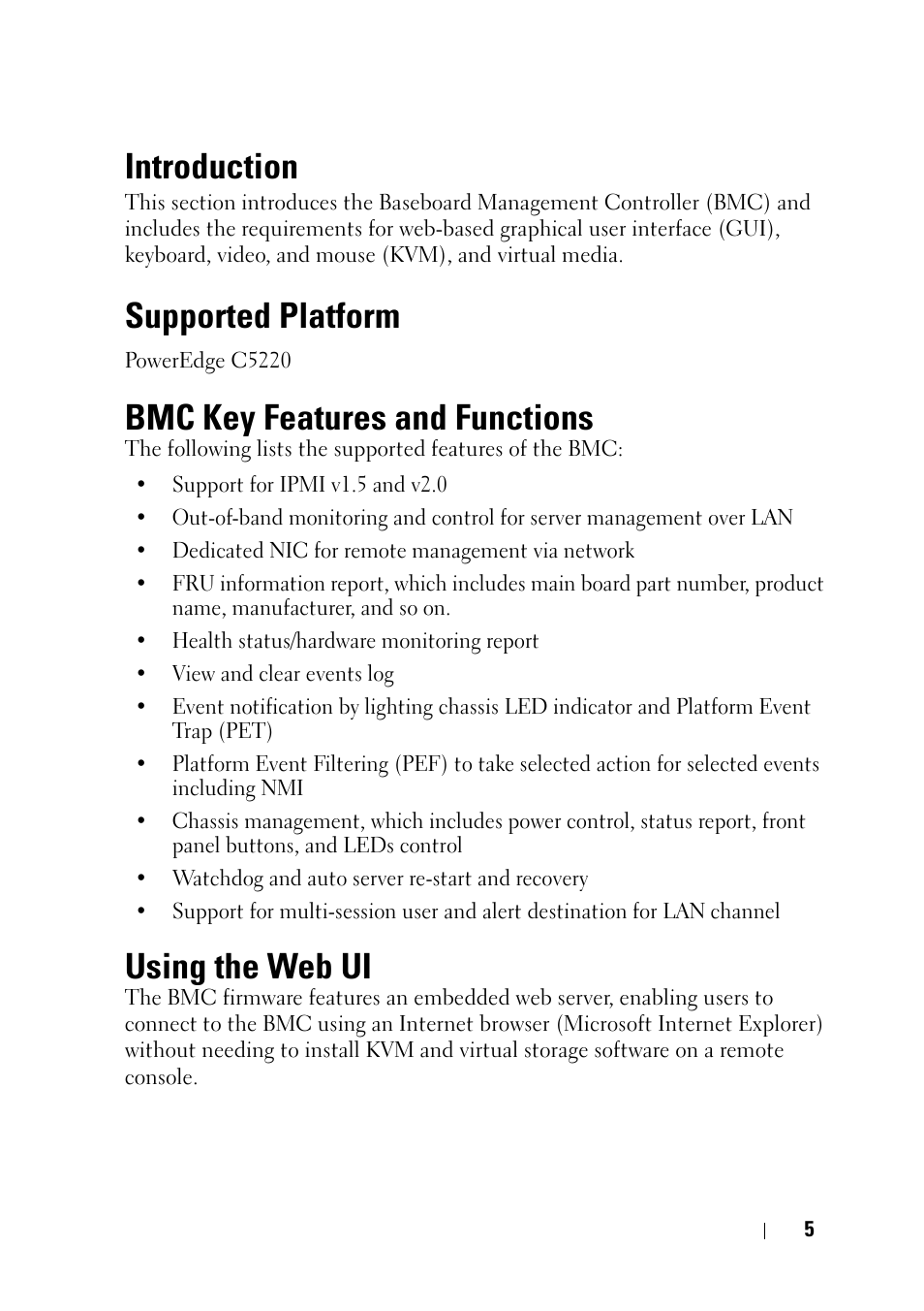 Introduction, Supported platform, Bmc key features and functions | Using the web ui | Dell PowerEdge C5220 User Manual | Page 5 / 60