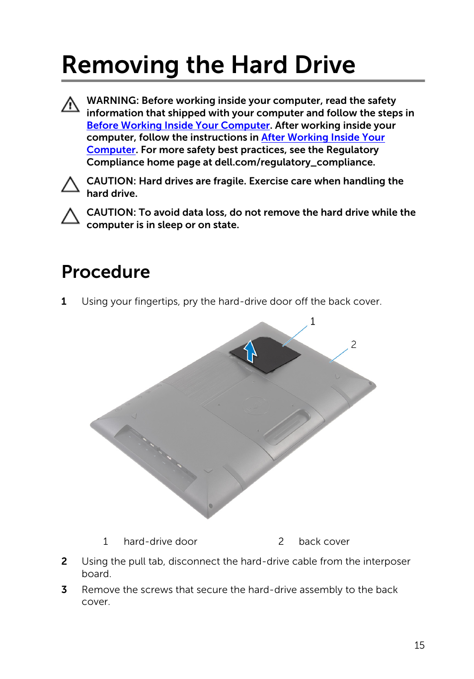 Removing the hard drive, Procedure | Dell Inspiron 20 (3043, Mid 2014) User Manual | Page 15 / 76