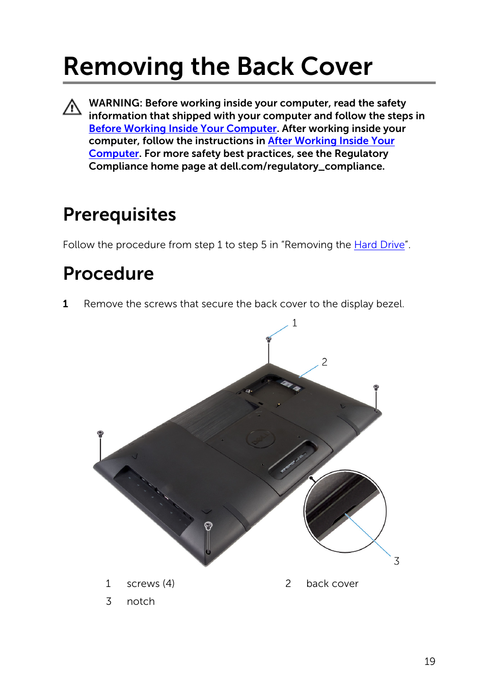 Removing the back cover, Prerequisites, Procedure | Dell Inspiron 20 (3043, Mid 2014) User Manual | Page 19 / 76
