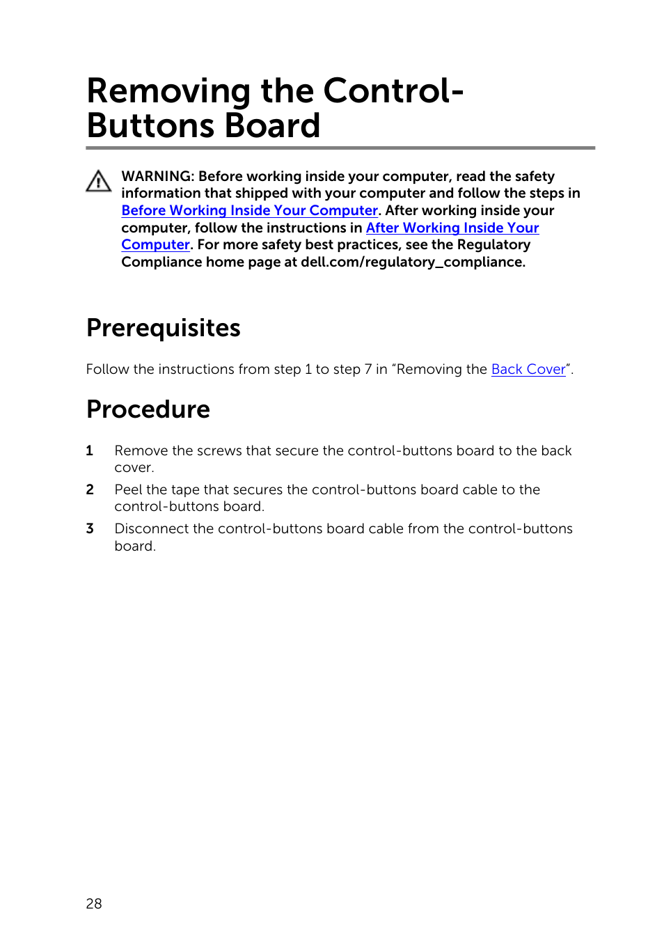 Removing the control-buttons board, Prerequisites, Procedure | Removing the control- buttons board | Dell Inspiron 20 (3043, Mid 2014) User Manual | Page 28 / 76