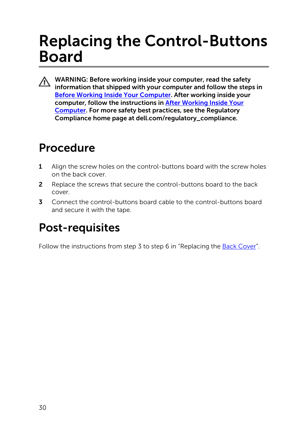 Replacing the control-buttons board, Procedure, Post-requisites | Control-buttons board | Dell Inspiron 20 (3043, Mid 2014) User Manual | Page 30 / 76