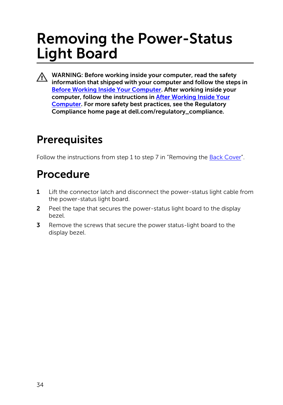 Removing the power-status light board, Prerequisites, Procedure | Dell Inspiron 20 (3043, Mid 2014) User Manual | Page 34 / 76