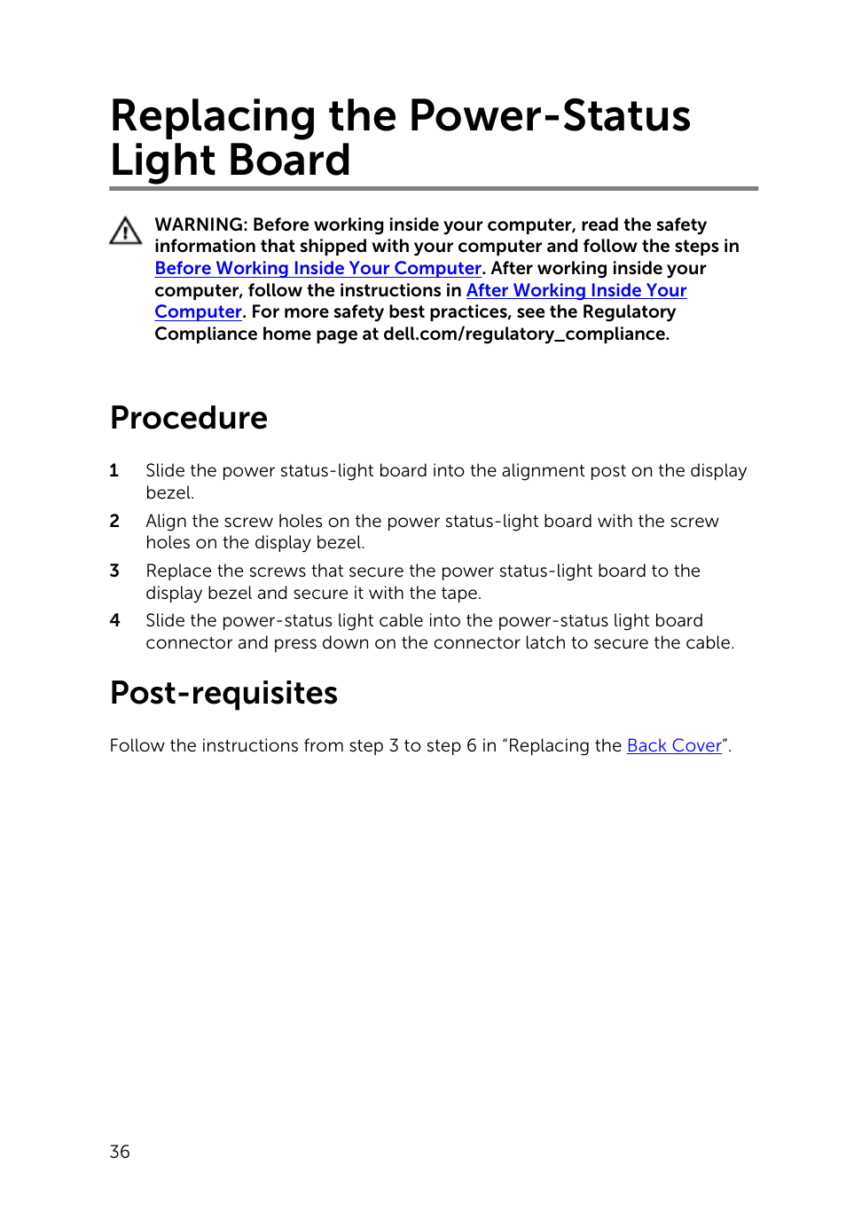 Replacing the power-status light board, Procedure, Post-requisites | Dell Inspiron 20 (3043, Mid 2014) User Manual | Page 36 / 76