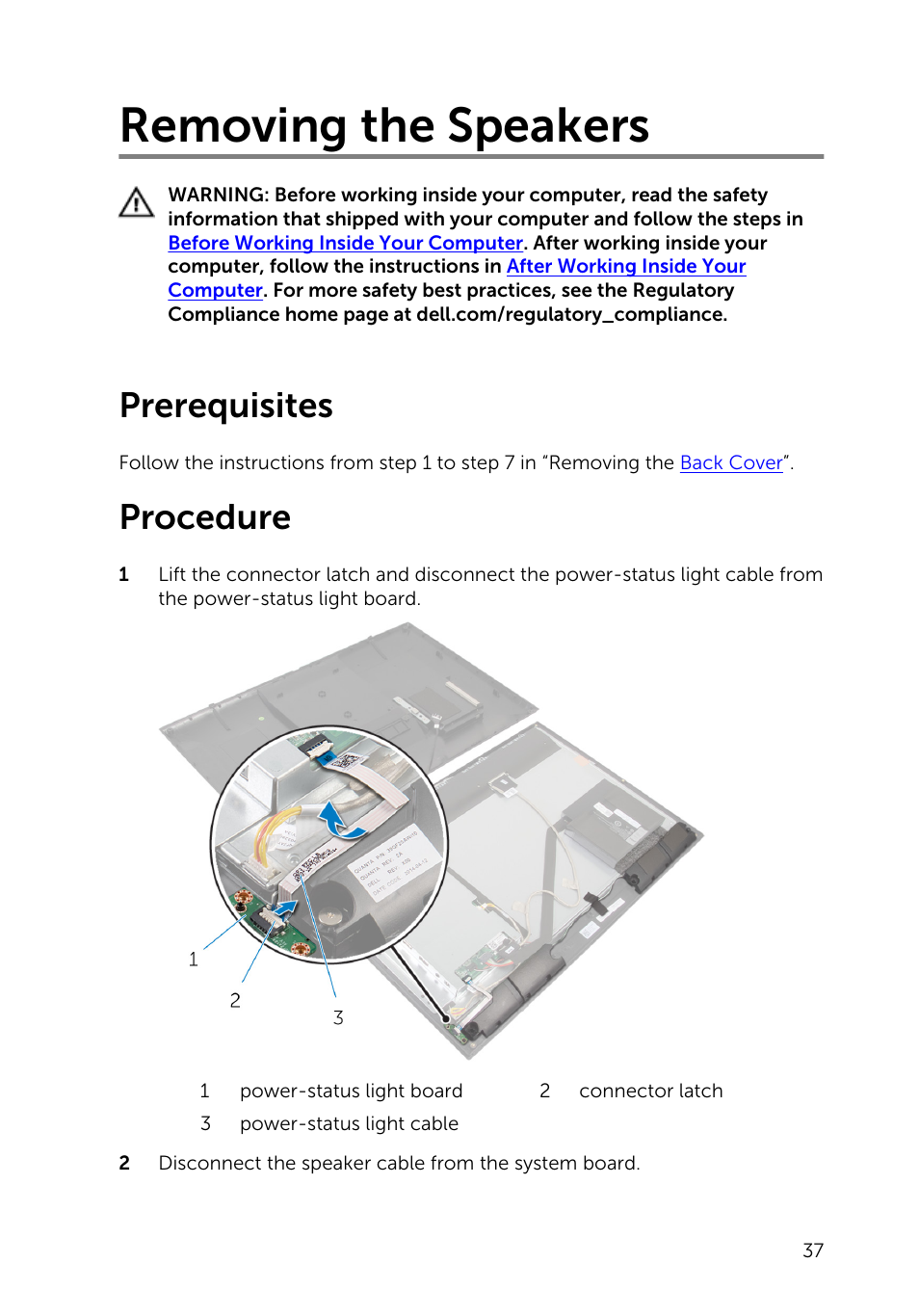 Removing the speakers, Prerequisites, Procedure | Dell Inspiron 20 (3043, Mid 2014) User Manual | Page 37 / 76