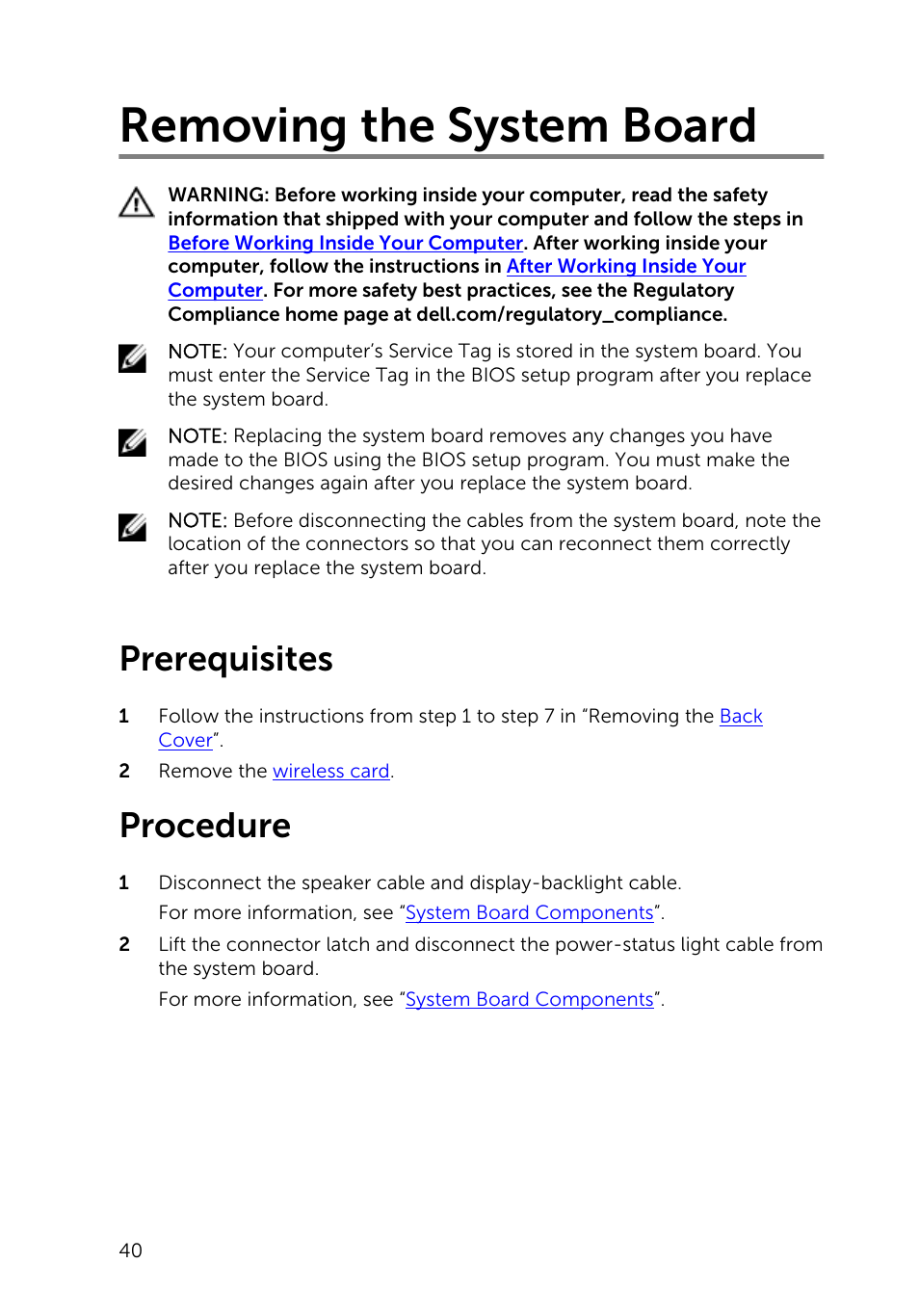 Removing the system board, Prerequisites, Procedure | Dell Inspiron 20 (3043, Mid 2014) User Manual | Page 40 / 76