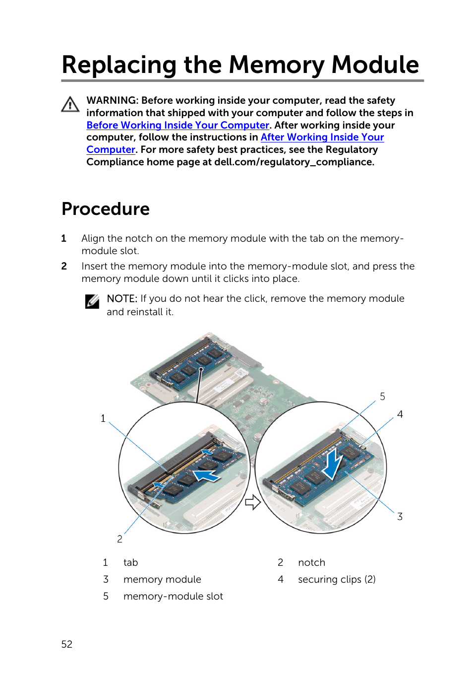 Replacing the memory module, Procedure, Memory module | Dell Inspiron 20 (3043, Mid 2014) User Manual | Page 52 / 76