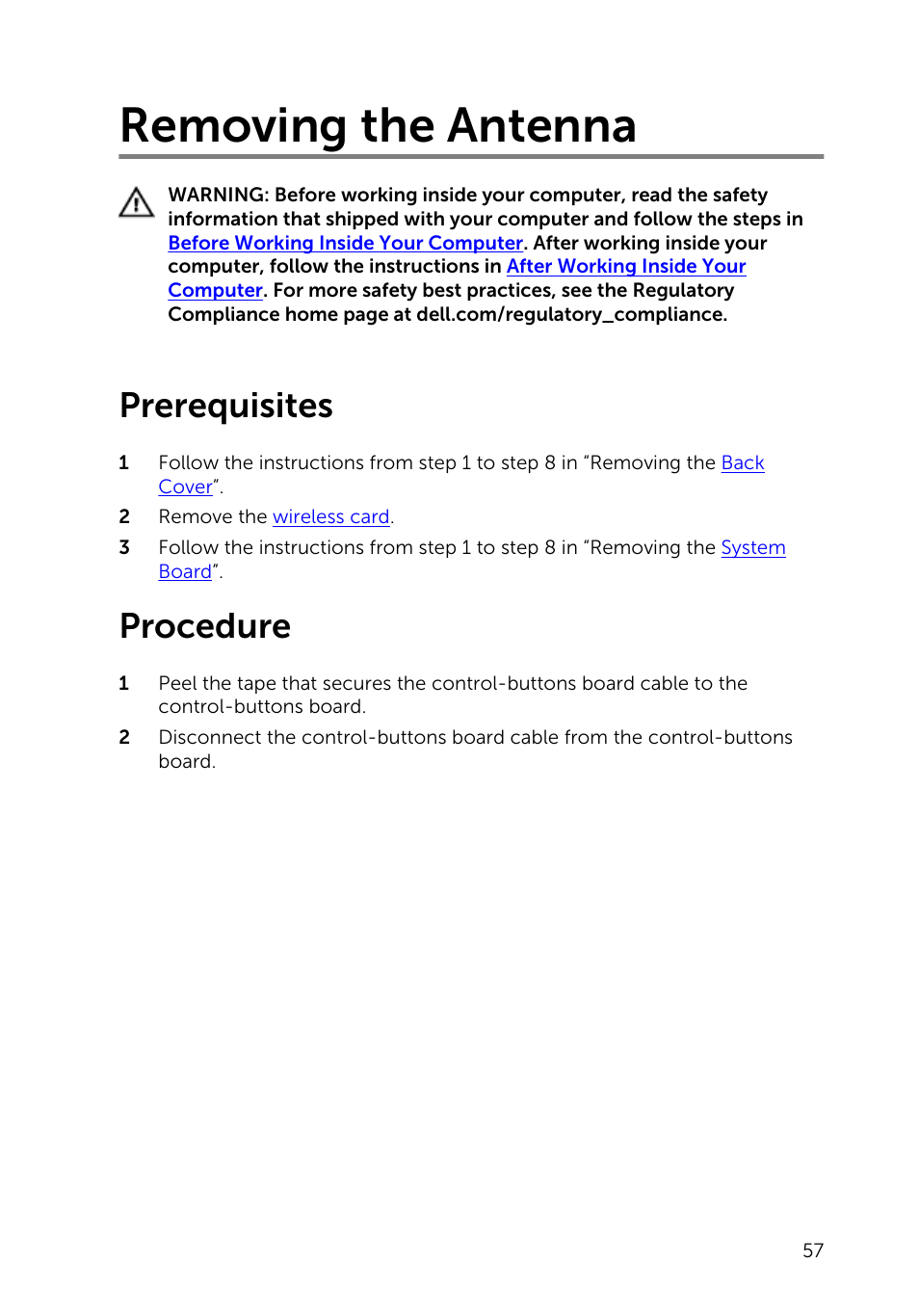 Removing the antenna, Prerequisites, Procedure | Dell Inspiron 20 (3043, Mid 2014) User Manual | Page 57 / 76