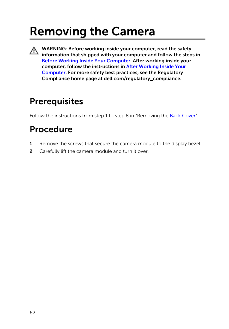 Removing the camera, Prerequisites, Procedure | Dell Inspiron 20 (3043, Mid 2014) User Manual | Page 62 / 76