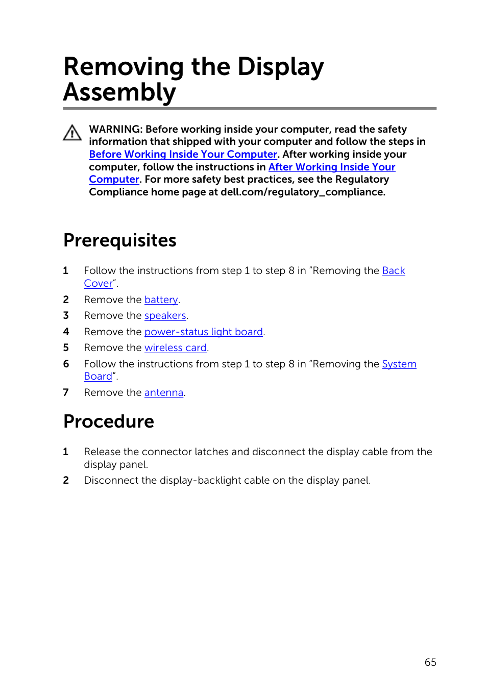 Removing the display assembly, Prerequisites, Procedure | Dell Inspiron 20 (3043, Mid 2014) User Manual | Page 65 / 76