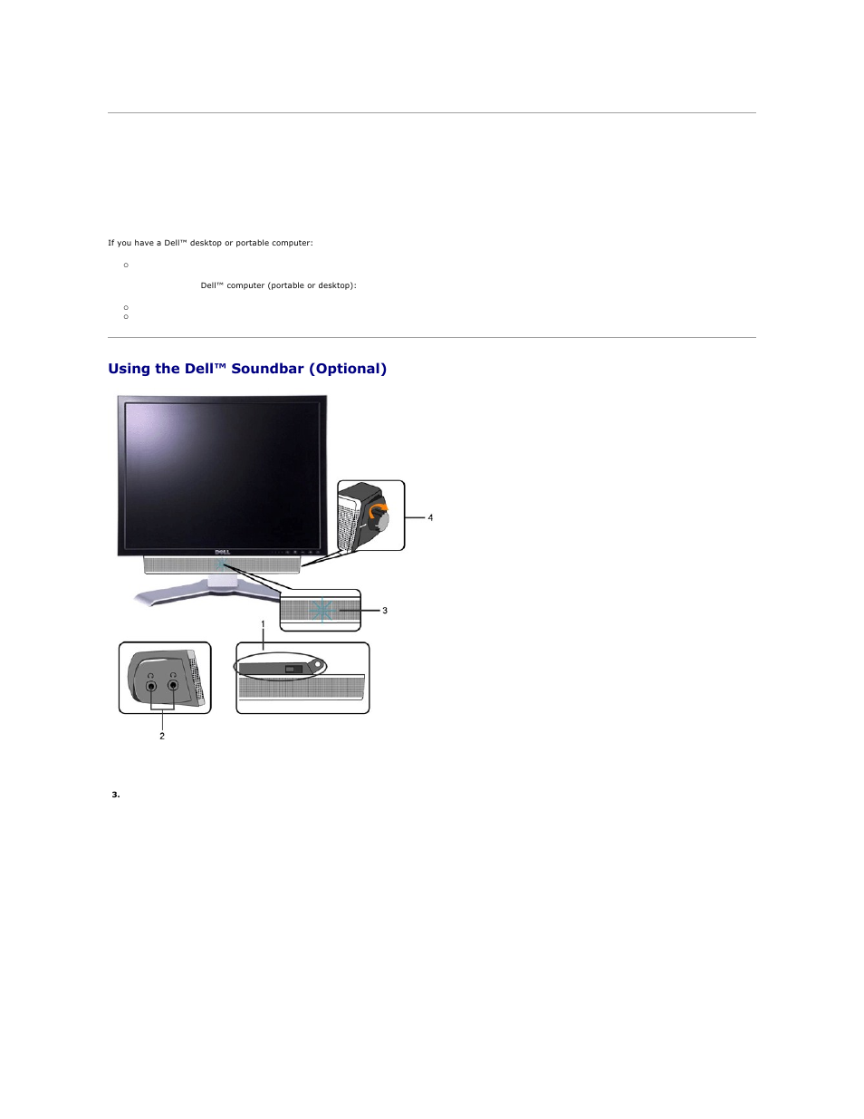 Setting the optimal resolution, Using the dell™ soundbar (optional), Soundbar attachment to the monitor | Dell 2007FP Monitor User Manual | Page 35 / 43