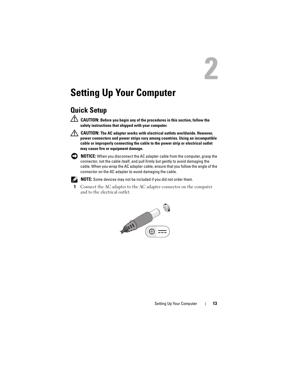 Setting up your computer, Quick setup | Dell Precision M4400 (Mid 2008) User Manual | Page 13 / 72