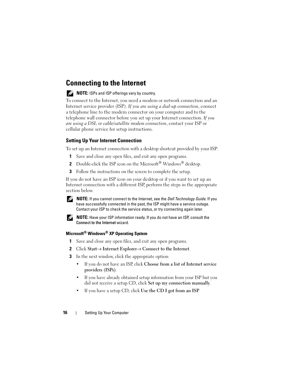 Connecting to the internet, Setting up your internet connection | Dell Precision M4400 (Mid 2008) User Manual | Page 16 / 72