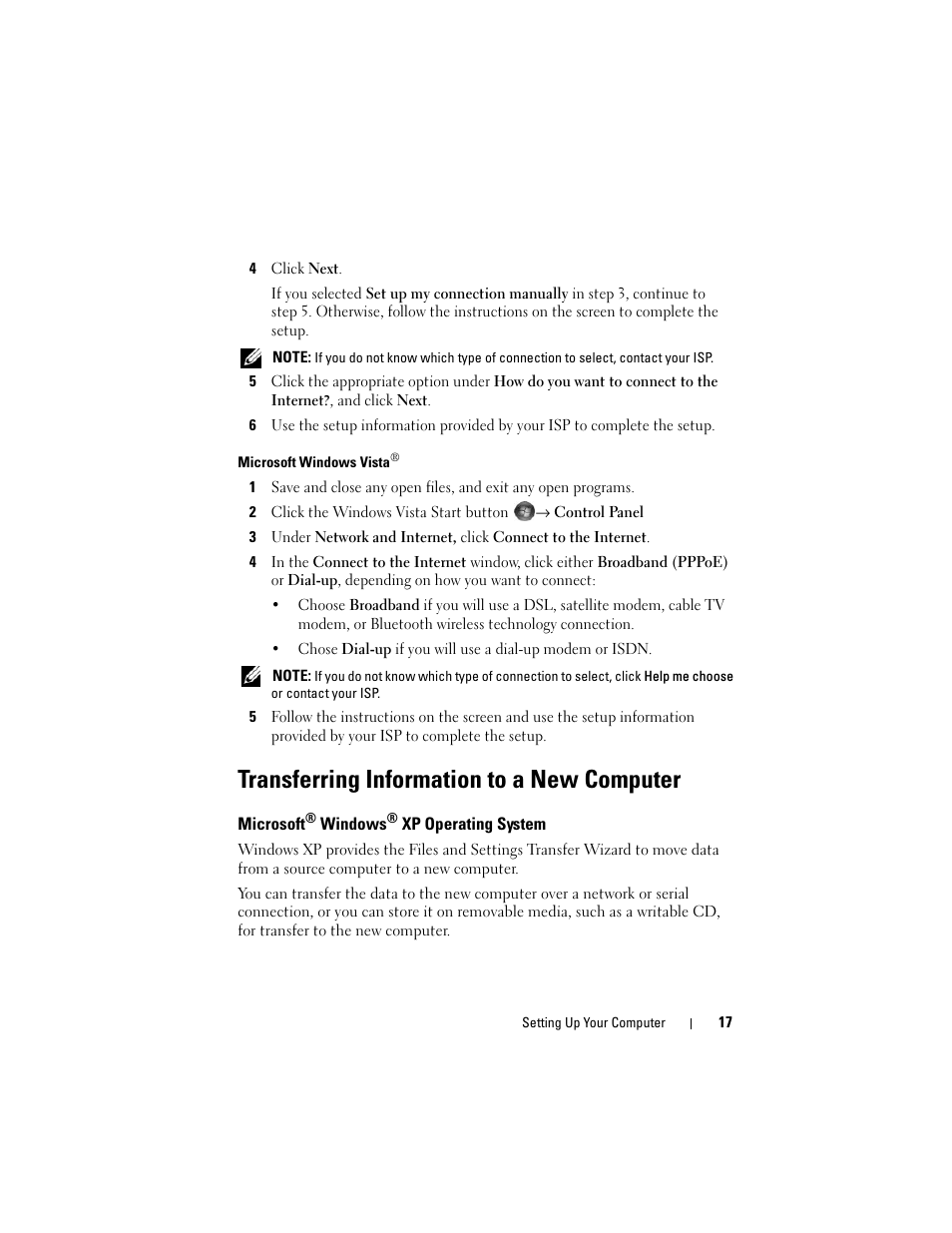 Transferring information to a new computer, Microsoft® windows® xp operating system, Microsoft | Dell Precision M4400 (Mid 2008) User Manual | Page 17 / 72
