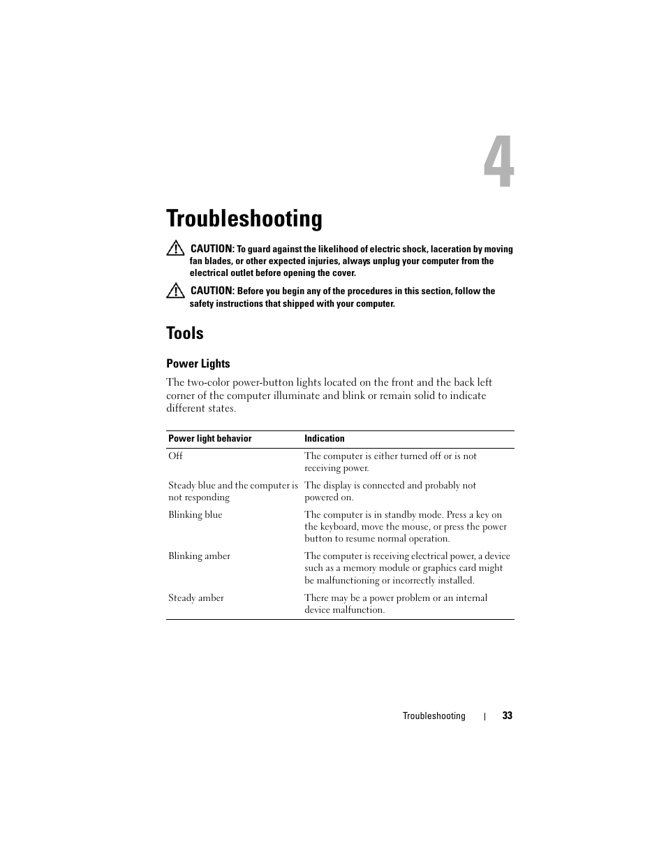Troubleshooting, Tools, Power lights | Dell Precision M4400 (Mid 2008) User Manual | Page 33 / 72