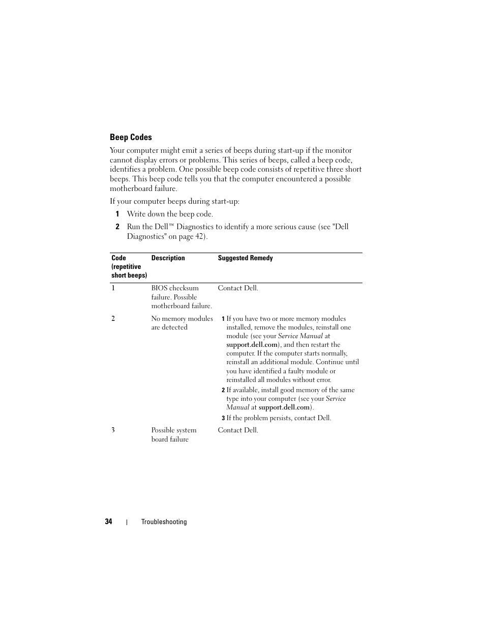 Beep codes | Dell Precision M4400 (Mid 2008) User Manual | Page 34 / 72