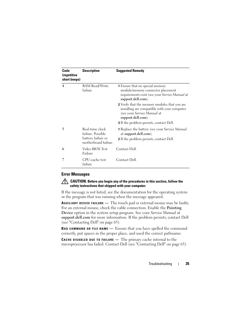 Error messages | Dell Precision M4400 (Mid 2008) User Manual | Page 35 / 72