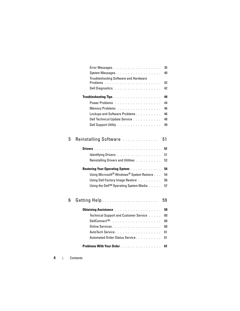 5reinstalling software, 6getting help | Dell Precision M4400 (Mid 2008) User Manual | Page 4 / 72