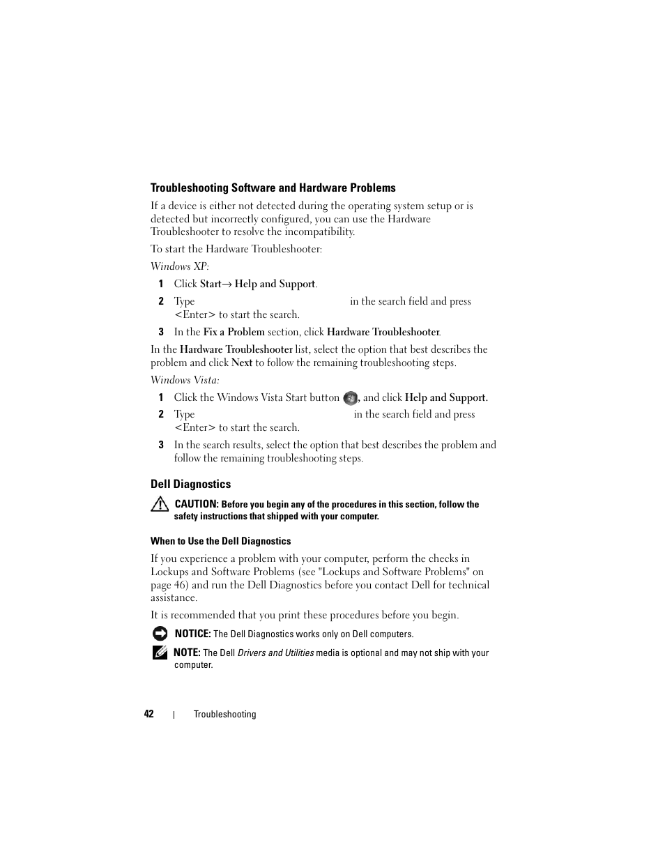 Troubleshooting software and hardware problems, Dell diagnostics | Dell Precision M4400 (Mid 2008) User Manual | Page 42 / 72