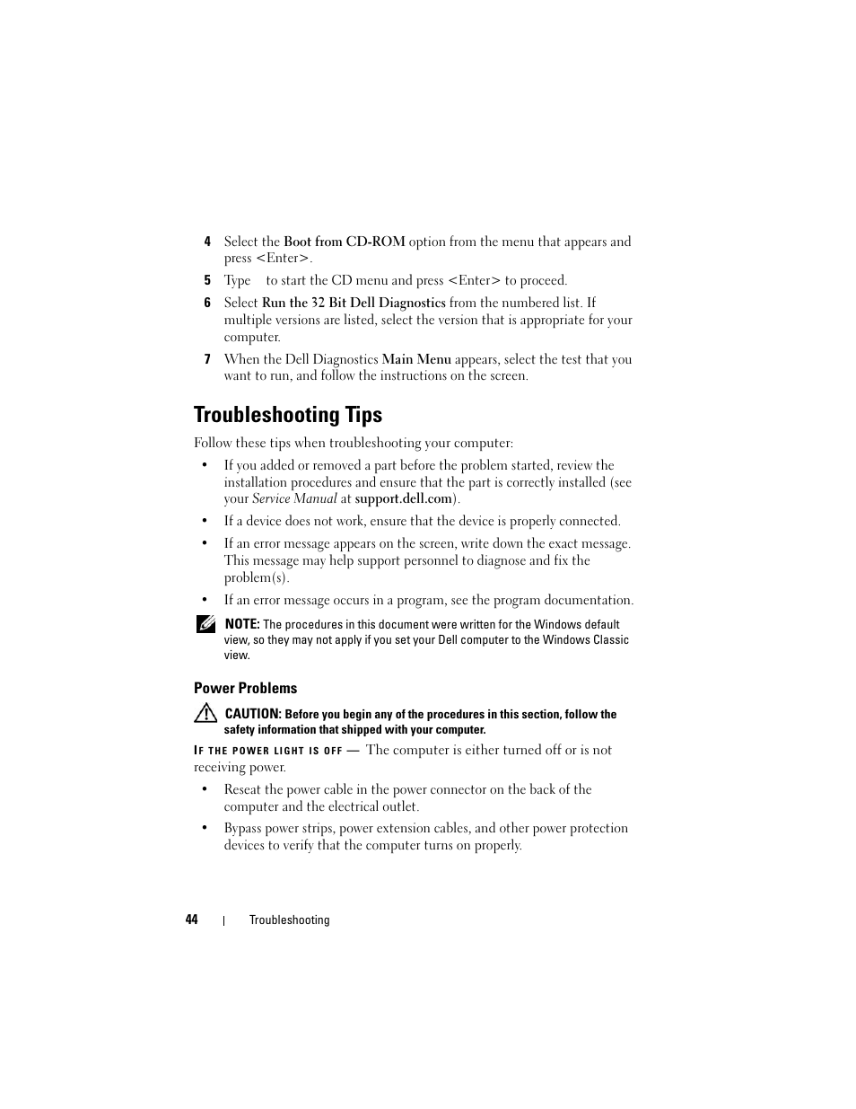 Troubleshooting tips, Power problems | Dell Precision M4400 (Mid 2008) User Manual | Page 44 / 72