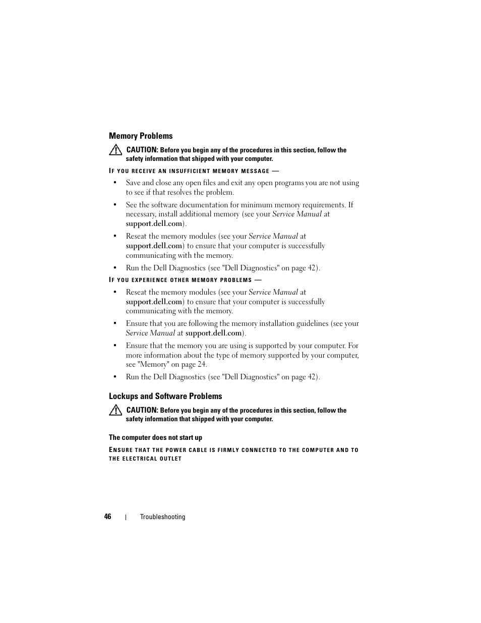 Memory problems, Lockups and software problems | Dell Precision M4400 (Mid 2008) User Manual | Page 46 / 72