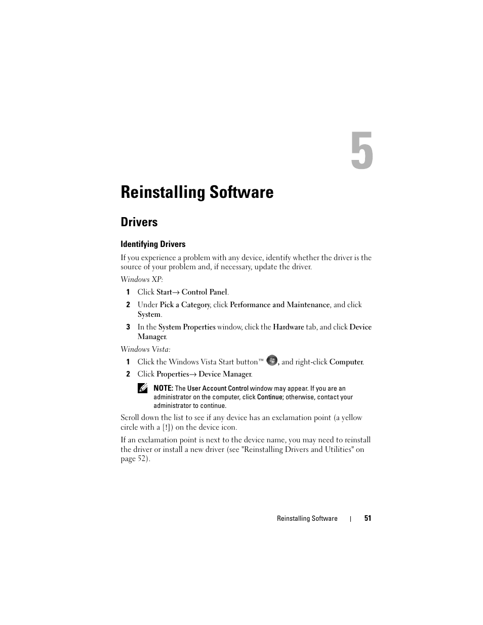 Reinstalling software, Drivers, Identifying drivers | Dell Precision M4400 (Mid 2008) User Manual | Page 51 / 72