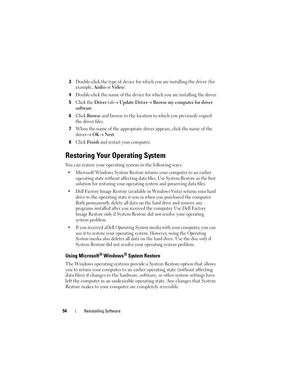 Restoring your operating system, Using microsoft® windows® system restore, Using microsoft | Dell Precision M4400 (Mid 2008) User Manual | Page 54 / 72