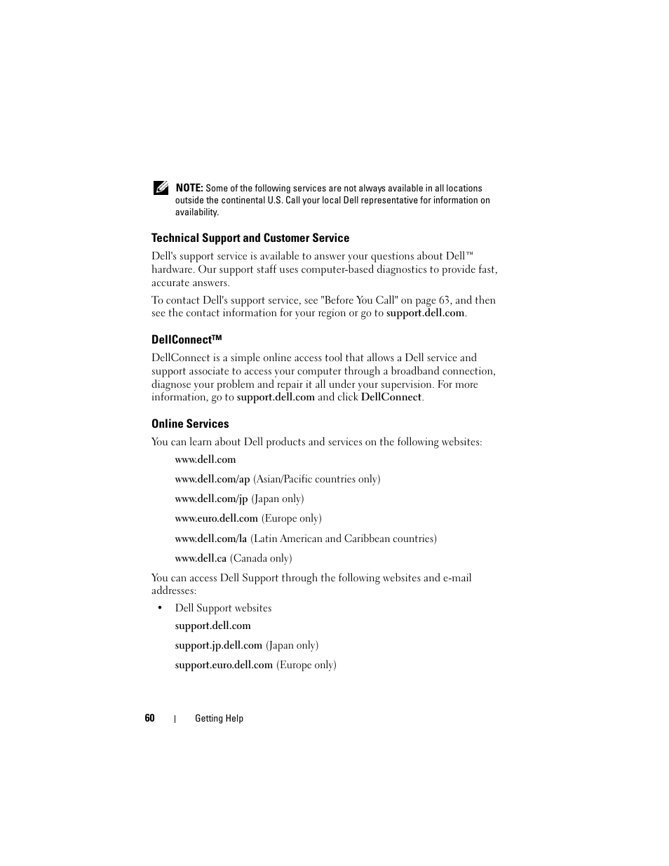 Technical support and customer service, Dellconnect, Online services | Dell Precision M4400 (Mid 2008) User Manual | Page 60 / 72