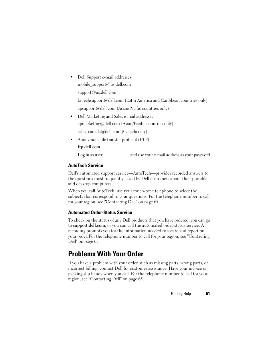 Autotech service, Automated order-status service, Problems with your order | Dell Precision M4400 (Mid 2008) User Manual | Page 61 / 72