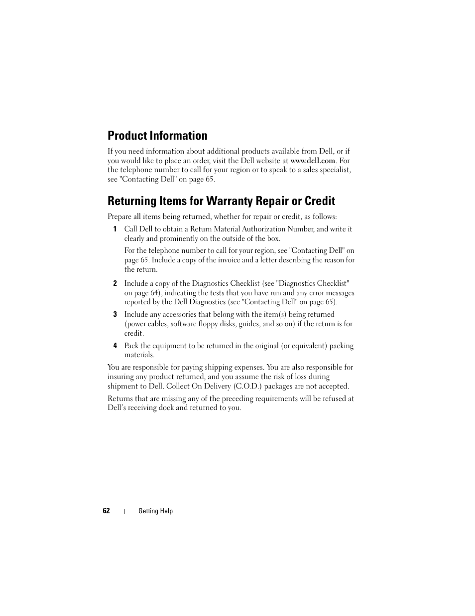 Product information, Returning items for warranty repair or credit | Dell Precision M4400 (Mid 2008) User Manual | Page 62 / 72