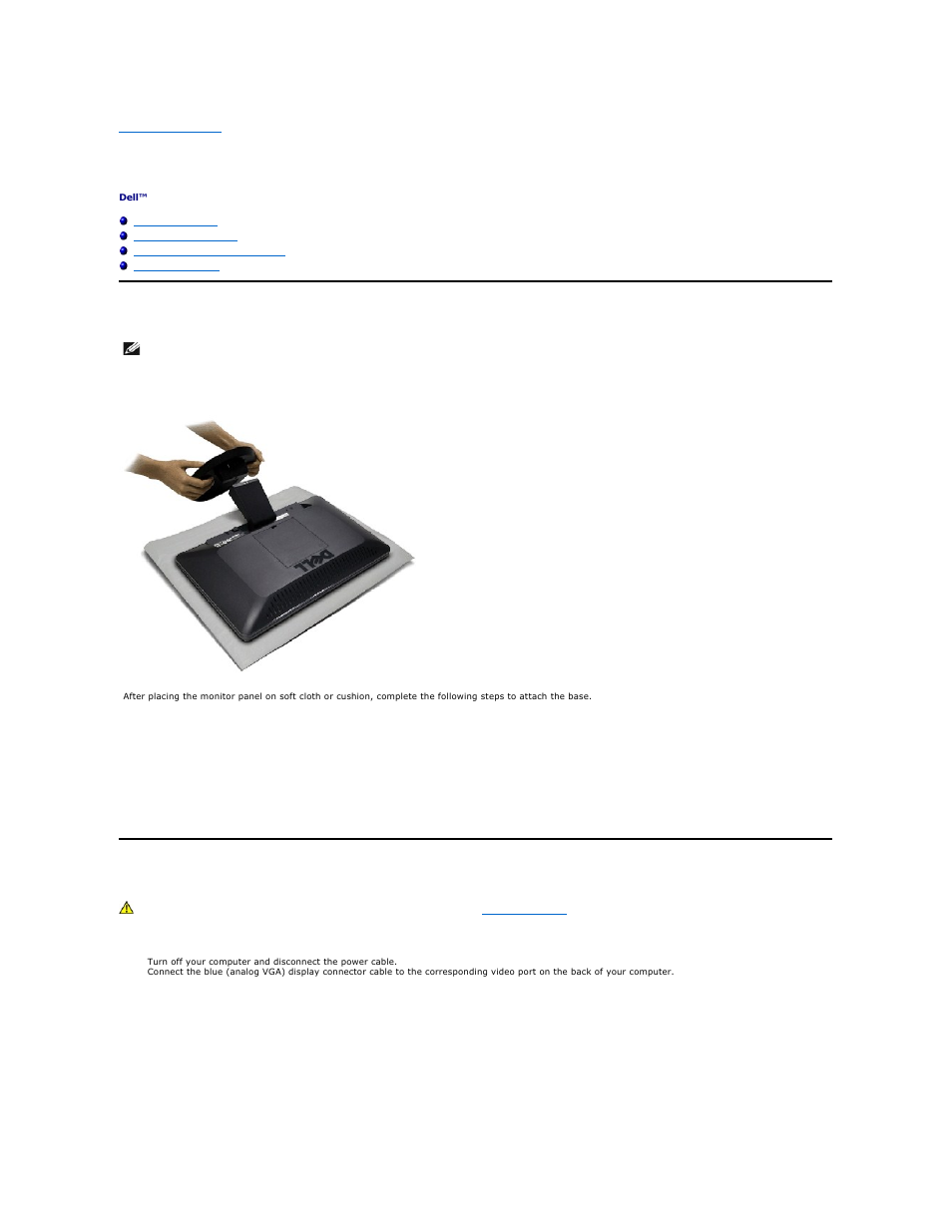 Setting up the monitor, Attaching the base, Connecting your monitor | Connecting the blue vga cable | Dell S1909WN Monitor User Manual | Page 22 / 27