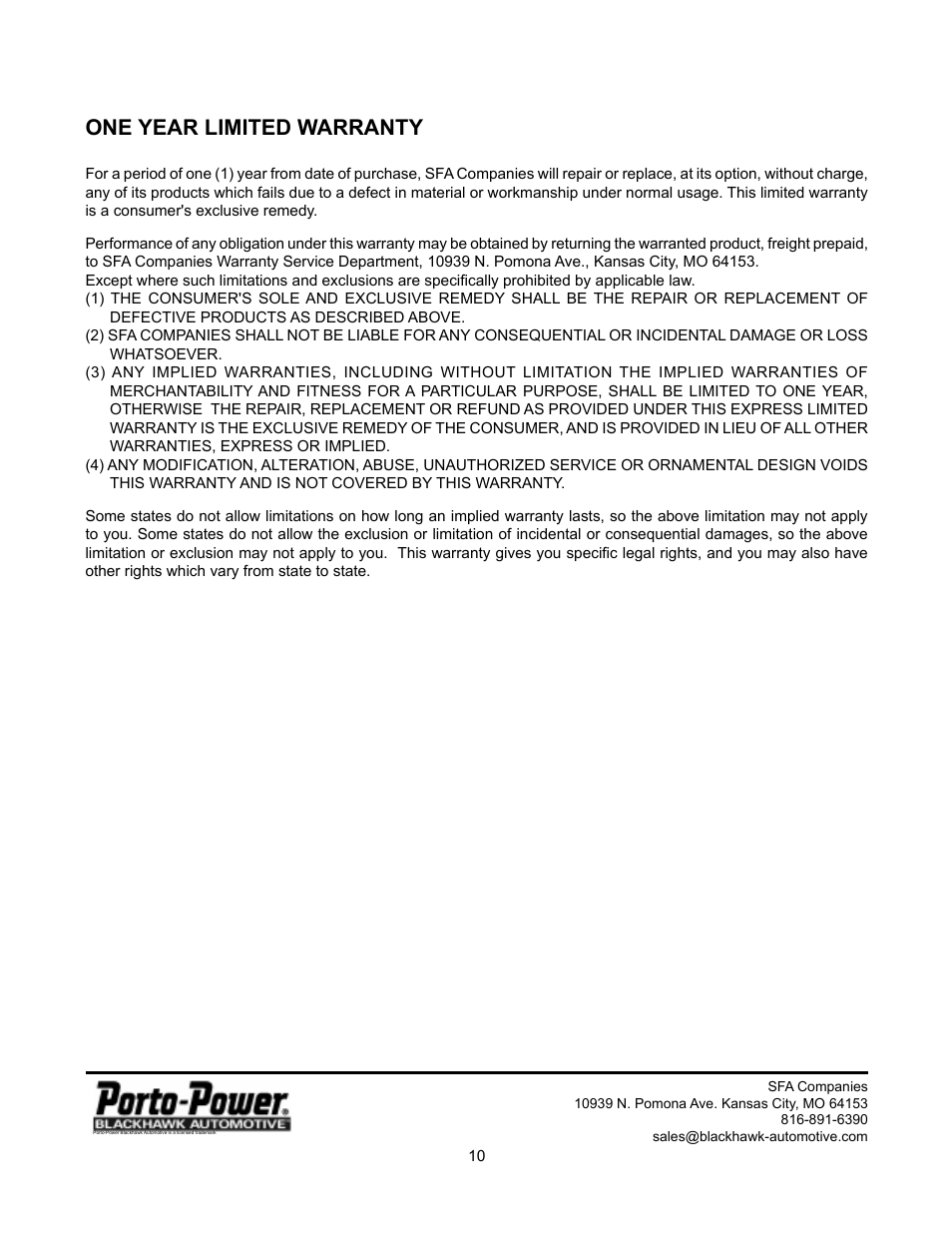 One year limited warranty | BLACKHAWK! PORTO-POWER B65115 User Manual | Page 10 / 12