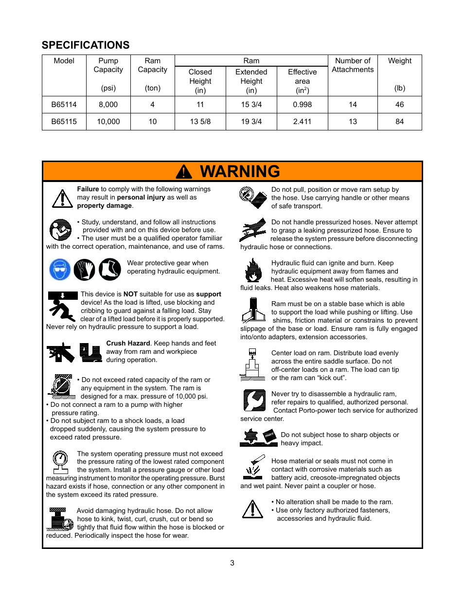 Warning, Specifications | BLACKHAWK! PORTO-POWER B65115 User Manual | Page 3 / 12