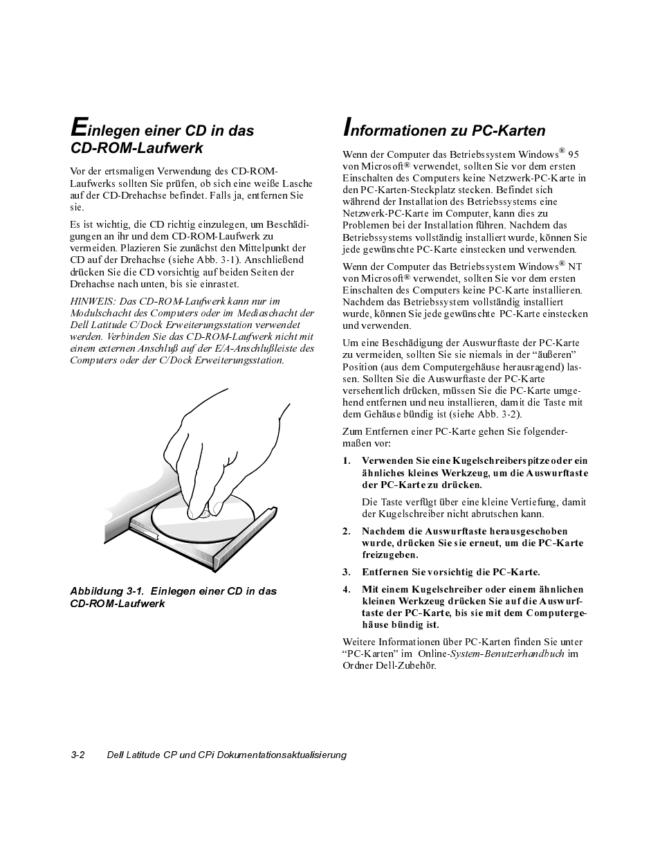Einlegen einer cd in das cd-rom-laufwerk, Informationen zu pc-karten | Dell Latitude Cpi User Manual | Page 10 / 20