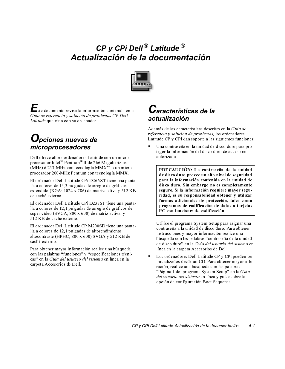 Actualización de la documentación, Opciones nuevas de microprocesadores, Características de ia actuaiización | Cp y cpi dell, Latitude | Dell Latitude Cpi User Manual | Page 13 / 20