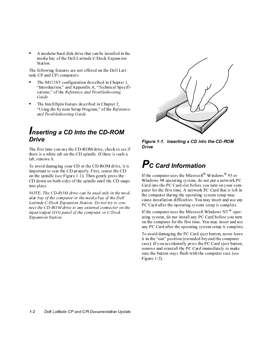 Inserting, Drive, Card information | Inserting drive a cd into the cd-rom, Pc card information | Dell Latitude Cpi User Manual | Page 2 / 20