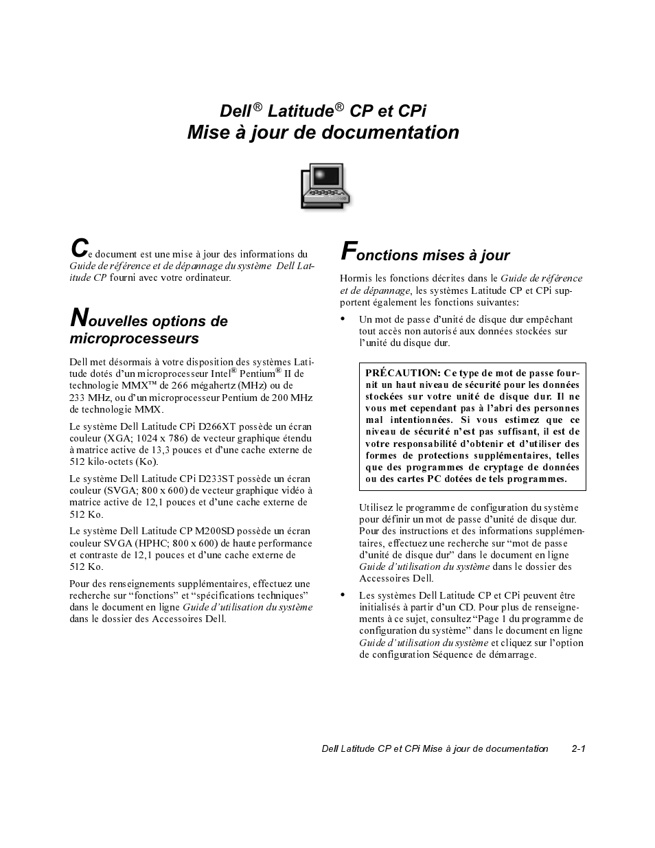 Mise à jour de documentation, Nouvelles options de microprocesseurs, Fonctions mises à jour | Del^ latitude cp et cpi | Dell Latitude Cpi User Manual | Page 5 / 20