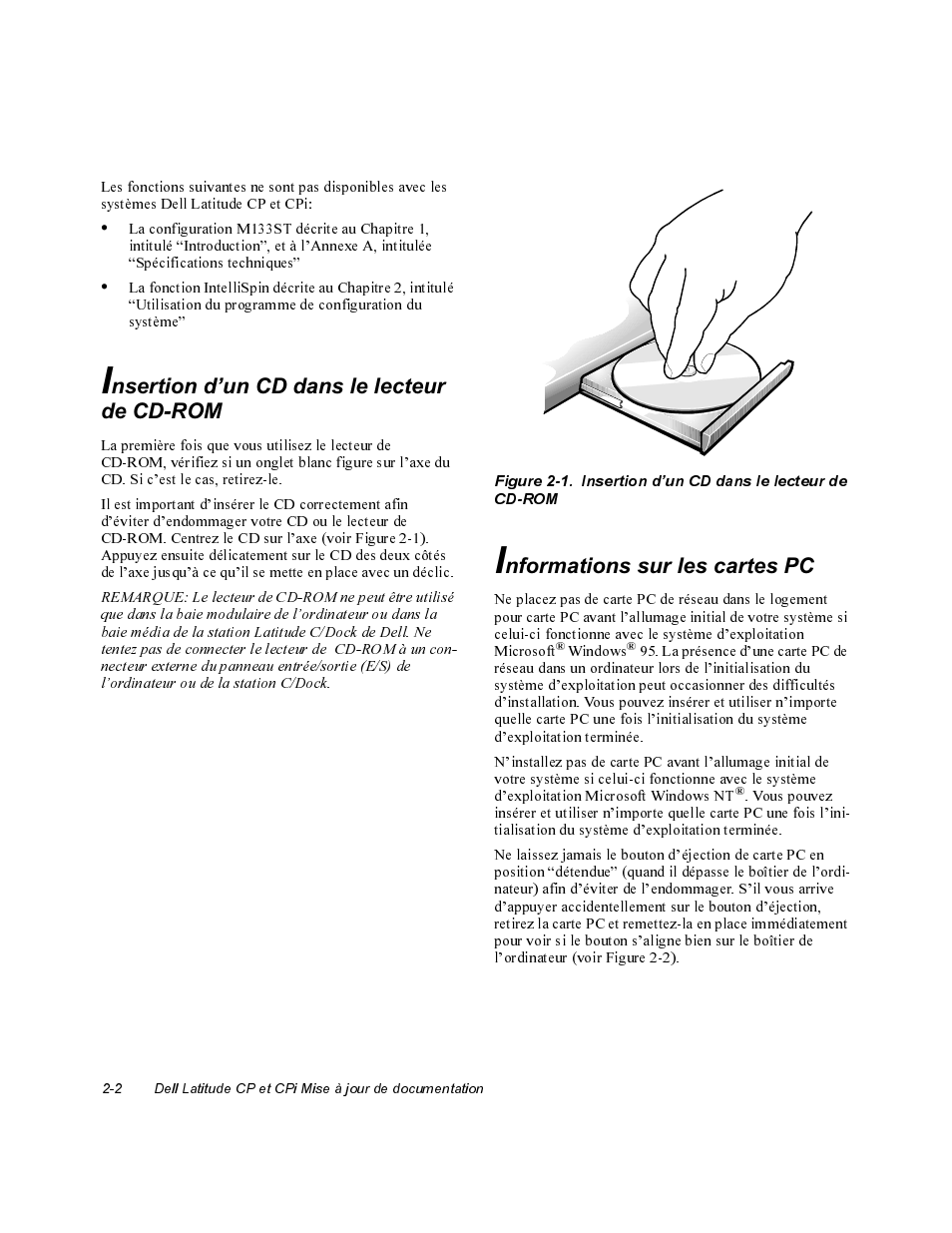 Insertion d’un cd dans le lecteur de cd-rom, Informations sur les cartes pc | Dell Latitude Cpi User Manual | Page 6 / 20