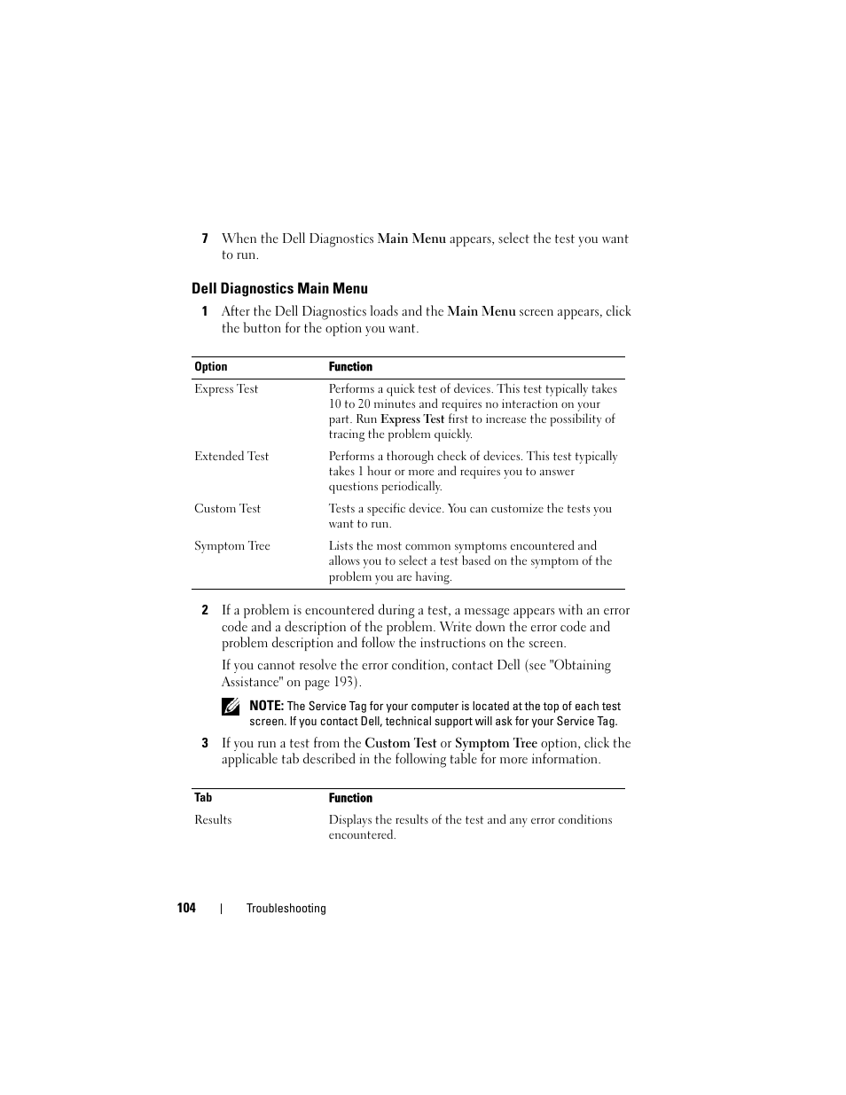 Dell diagnostics main menu | Dell Latitude D630 User Manual | Page 104 / 218